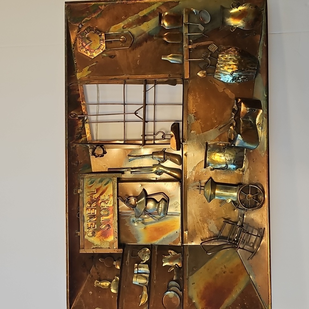 Vintage Copper Metal 3D Wall Art with Rustic General Store Scene Country Hearth